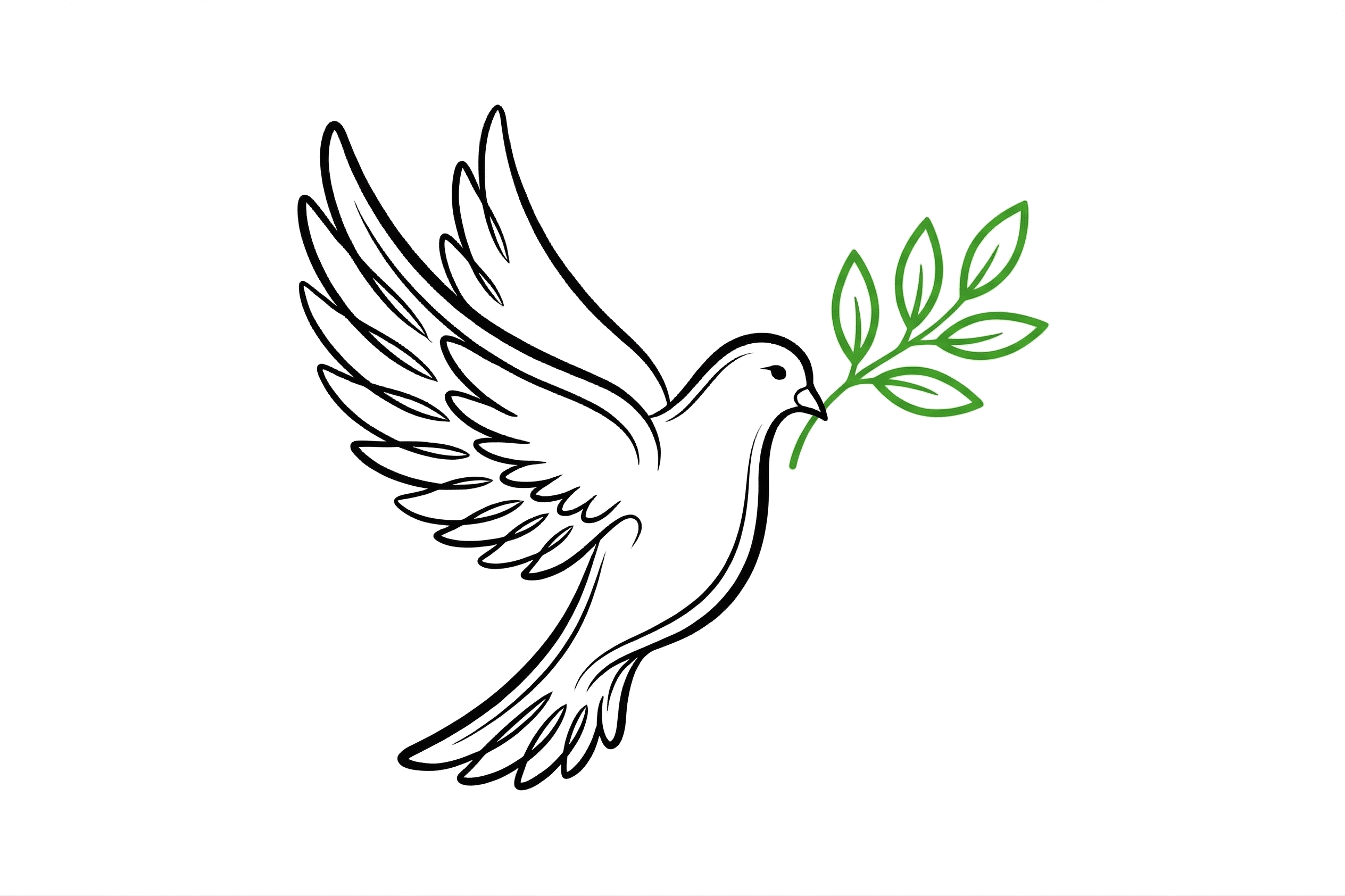 A minimalist white dove holding a green olive branch